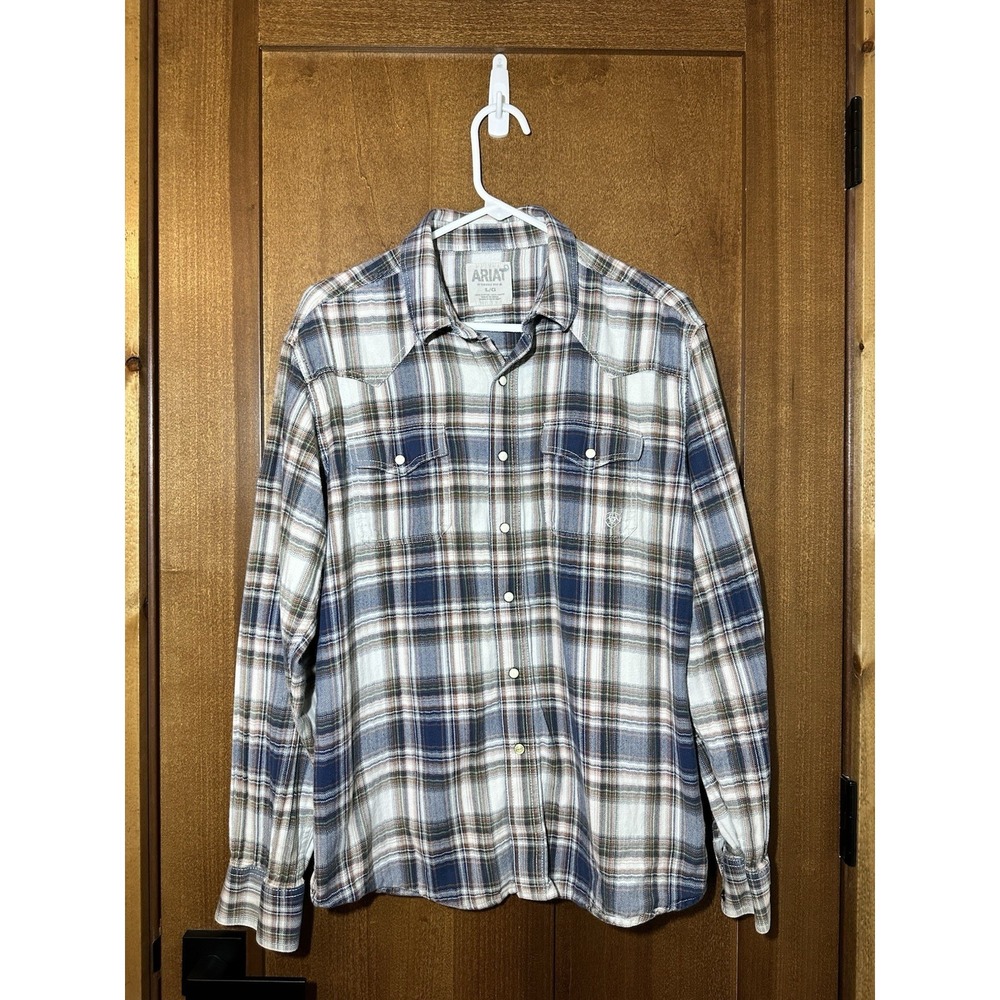 Ariat Men's Large Plaid Western Snap Shirt Blue‎ Brown Cotton Long Sleeve Ranch